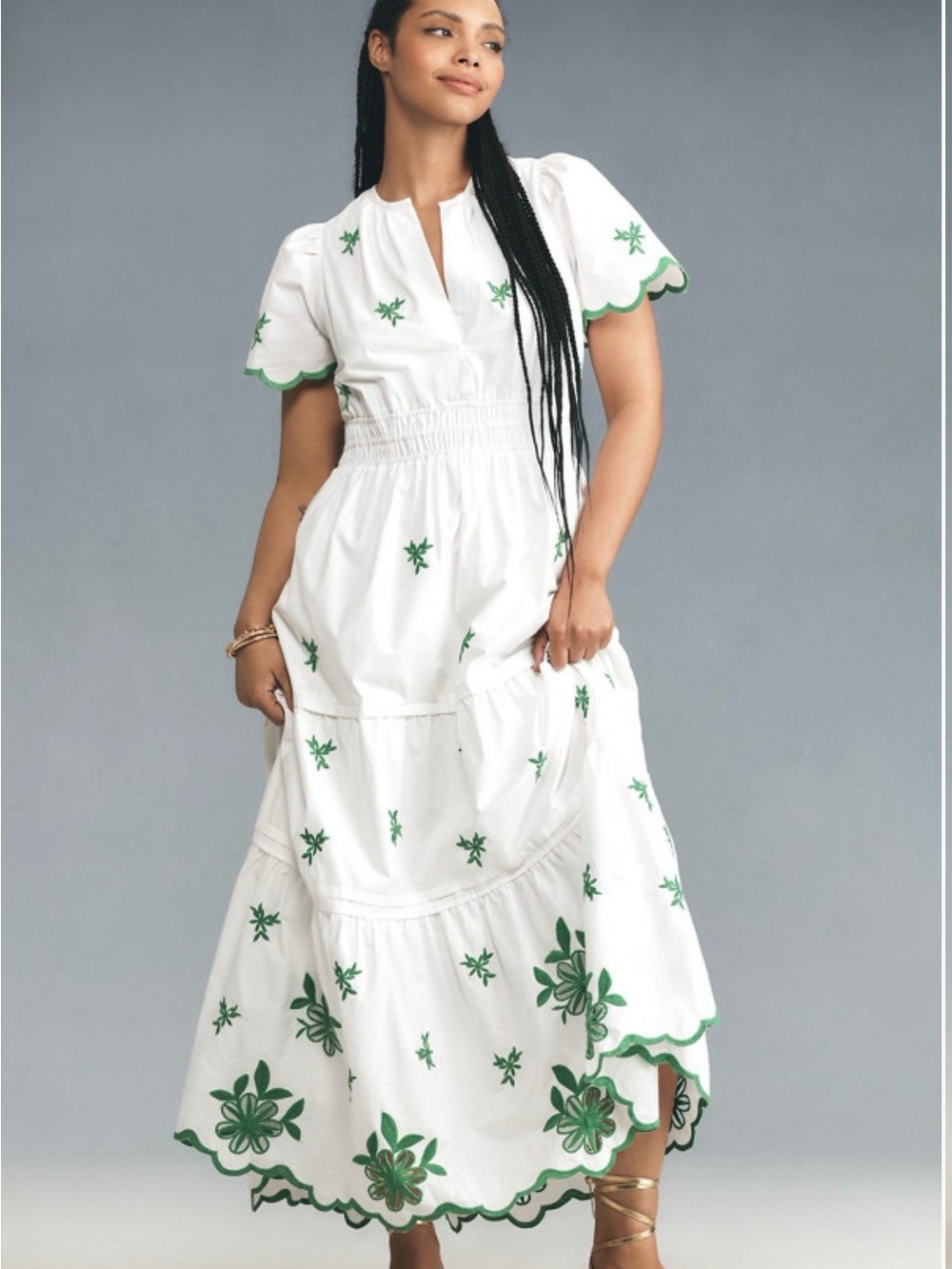 Anthropologie Somerset EyeWhite Maxi Dress with Green Embroidered Floral Accents - Picture 4 of 12